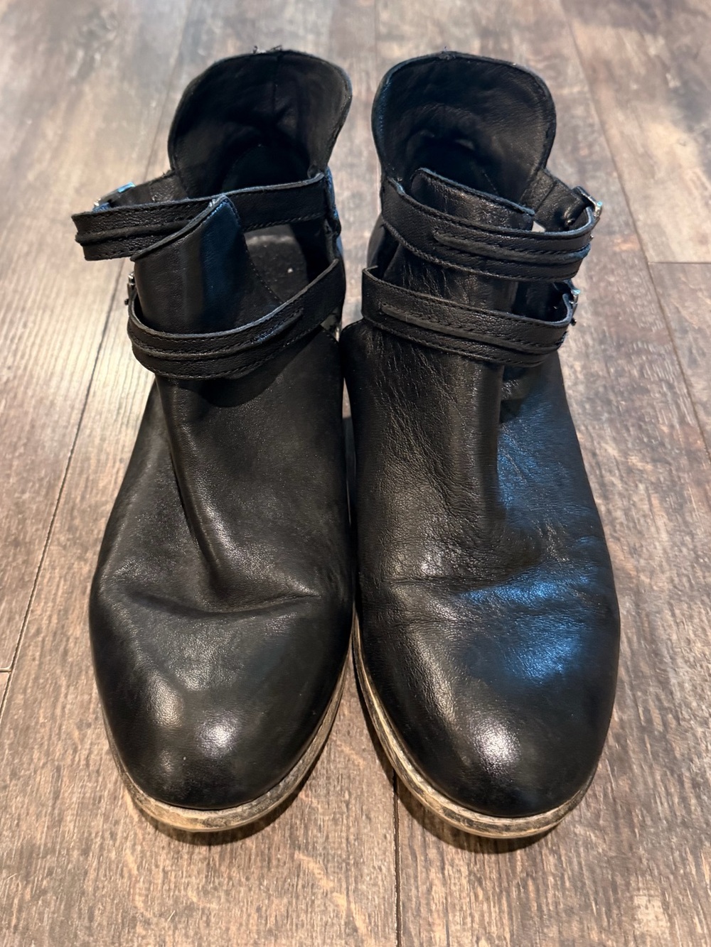 Diba Black Leather Ankle Booties with Double Strap Accents